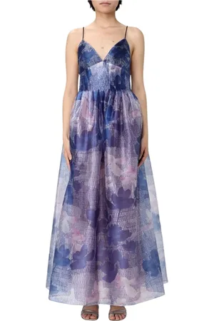 Emporio Armani Kleedjes, Dames, Veelkleurig, M, Organza, Hemelsblauwe Bloemen Organza Maxi Jurk