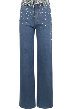 Retrofete Jeans, Dames, Blauw, W26, Wijde Jeans met Kristalversiering
