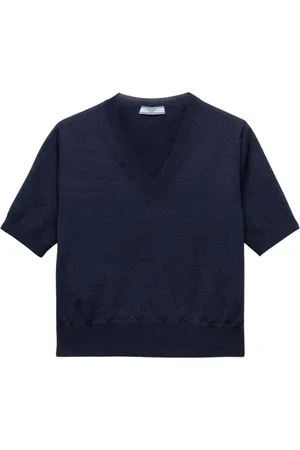 Prada Truien, Dames, Blauw, S, Blauwe V-hals Gebreide Trui