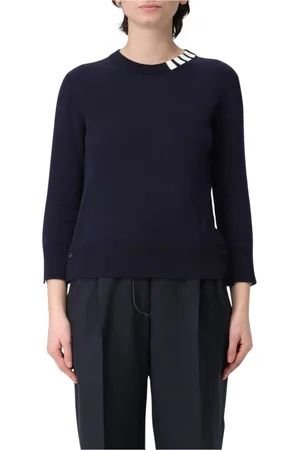 Thom Browne Truien, Dames, Blauw, M, Wol, Navy Crew Neck Sweater Chic Style