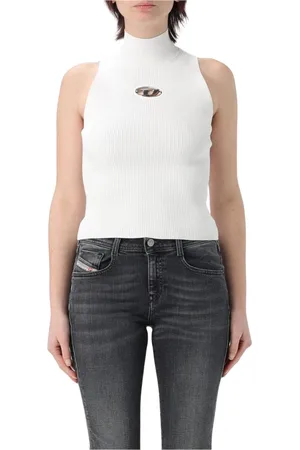 Diesel Tops, Dames, Wit, L, Katoen, Geribbelde Gebreide Mouwloze Mock Hals Top