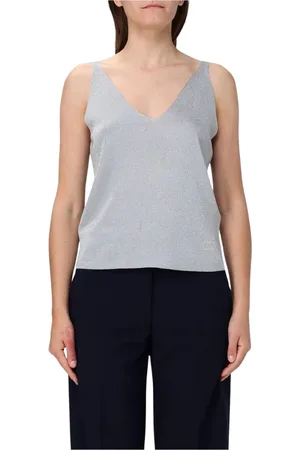 Liu Jo Tops, Dames, Grijs, M, Zilver Metallic Gebreide V-hals Top