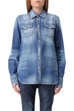 Dsquared2 Blouses & Shirts, Dames, Blauw, S, Denim, Stijlvolle Distressed Denim Shirt