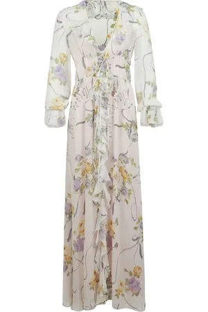 BLUMARINE Kleedjes, Dames, , S, Bloemen lange jurk met knoopsluiting vooraan