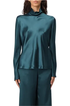 Giorgio Armani Blouses & Shirts, Dames, Groen, S, Groene Zijden Blouse met Hoge Hals