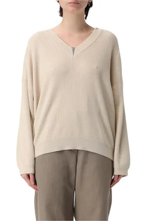 Brunello Cucinelli Truien, Dames, , XS, Kasjmier, Witte Cashmere V-Hals Trui