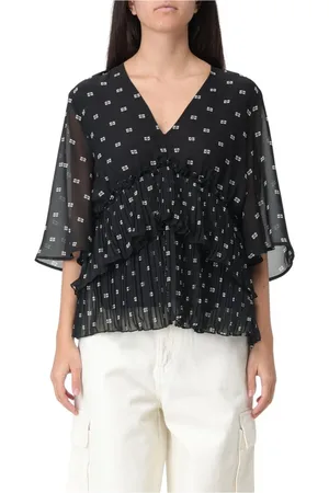 Ganni Blouses & Shirts, Dames, Zwart, XS, Polyester, Zwarte V-hals Blouse Halve Mouwen