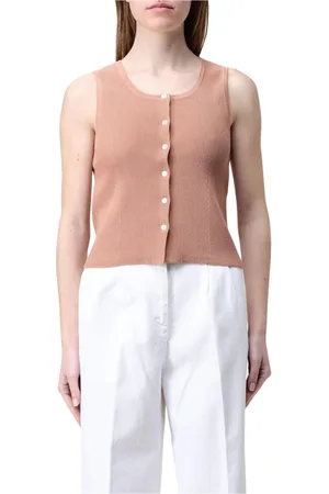 A.P.C. Tops, Dames, Roze, M, Katoen, Roze Ribgebreide Knoop Top