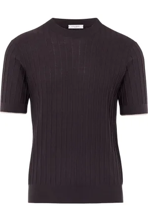 Paolo Pecora Tops, Heren, Bruin, M, Katoen, Bruine Zijden T-shirt met Witte Rand