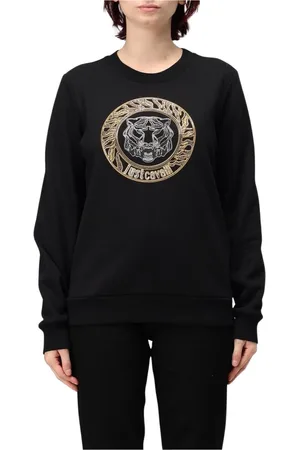 Roberto Cavalli Sweatshirts & Hoodies, Dames, Zwart, 2Xs, Katoen, Tijgerhoofd Geborduurd Sweatshirt