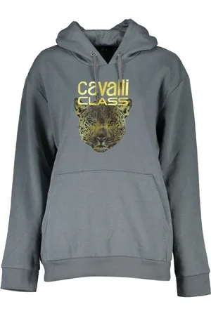 Roberto Cavalli Sweatshirts & Hoodies, Dames, Grijs, M, Katoen, Grijs fleece sweatshirt met capuchon en print