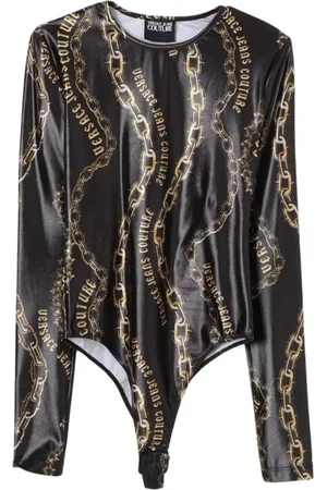 VERSACE Tops, Dames, Zwart, S, Polyester, Ketting Print Bodysuit Vrouw Zwart