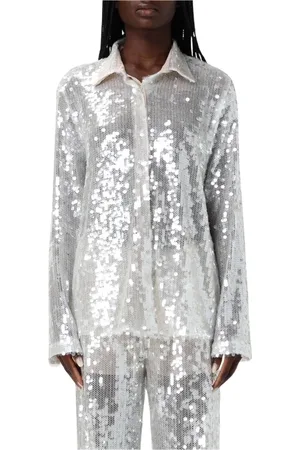 FEDERICA TOSI Blouses & Shirts, Dames, Grijs, S, Pailletten, Witte Paillet Lange Mouw Shirt