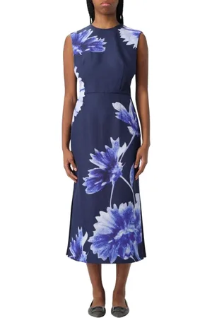 Erdem Kleedjes, Dames, Blauw, S, Katoen, Blauwe Bloemen Midi Jurk met Splitten