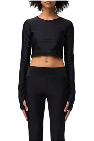 VERSACE Tops, Dames, Zwart, 2Xs, Zwarte Long Sleeve Crop Top met Duimgaten