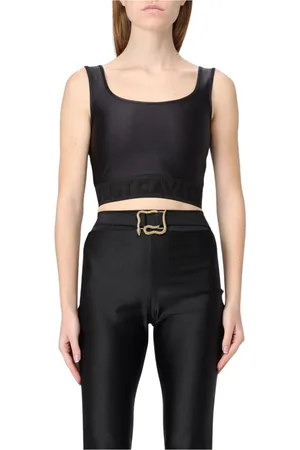Roberto Cavalli Tops, Dames, Zwart, M, Zwarte Logo Mouwloze Top