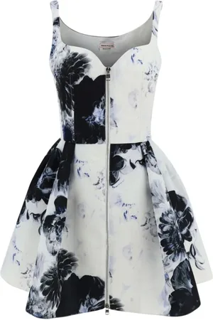 Alexander McQueen Kleedjes, Dames, Veelkleurig, S, Bloemen Mini Jurk met Ruches Zoom