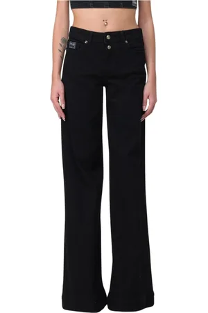 VERSACE Jeans, Dames, Zwart, W27, Zwarte Wide Leg Jeans Met Omgeslagen Zoom