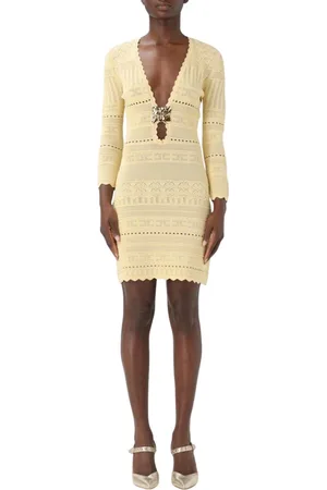 Elisabetta Franchi Kleedjes, Dames, Geel, M, Katoen, Witte Gebreide Mini Jurk met Diepe Halslijn