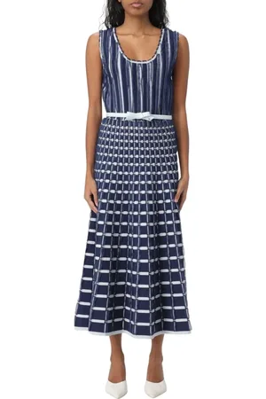 Elisabetta Franchi Kleedjes, Dames, Blauw, M, Zwarte Gebreide Geplooide Jurk