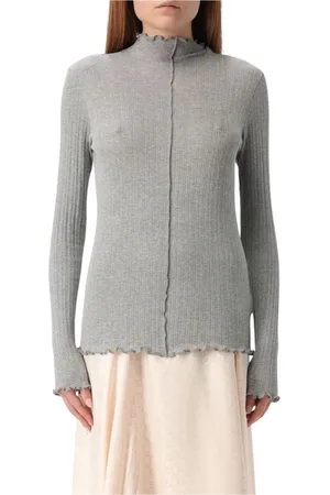 Fendi Truien, Dames, Grijs, S, Elegante Grijze Geribbelde Gebreide Mock Hals Top