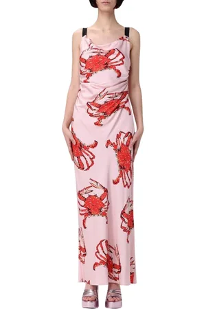 Msgm Kleedjes, Dames, Roze, S, Roze Zijden Maxi Jurk met Krabbenprint