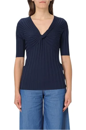 Liu Jo Truien, Dames, Blauw, L, Blauwe Gebreide Trui met Geribbelde Details