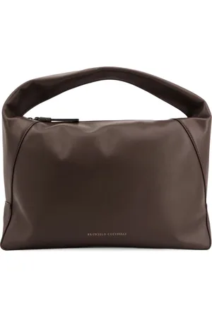 Brunello Cucinelli Tassen, Dames, Bruin, ONE Size, Leer, Leren schoudertas met Monili schuiver