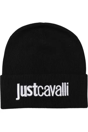 Roberto Cavalli Accessoires, Dames, Zwart, ONE Size, Katoen, Zwarte geribbelde gebreide muts met logo