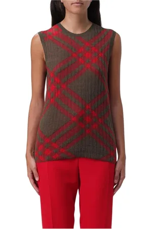 Burberry Tops, Dames, Rood, M, Wol, Rode Geruite Mouwloze Gebreide Top