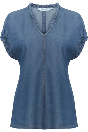 INWEAR Blouses & Shirts, Dames, Blauw, L, Blauwe Top met V-Hals en Ruche