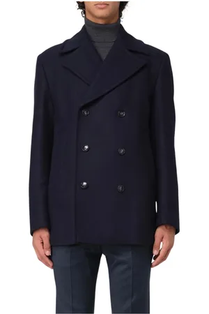 HUGO BOSS Jassen, Heren, Blauw, L, Wol, Blauwe Double Breasted Peacoat