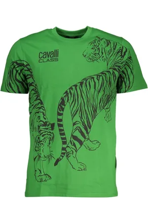 Roberto Cavalli Tops, Heren, Groen, L, Print Logo Korte Mouw Tee
