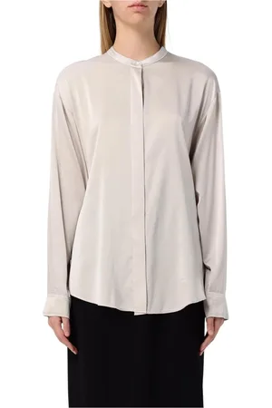 FORTE FORTE Blouses & Shirts, Dames, Grijs, M, Elegante Zijden Blouse Mandarin Kraag