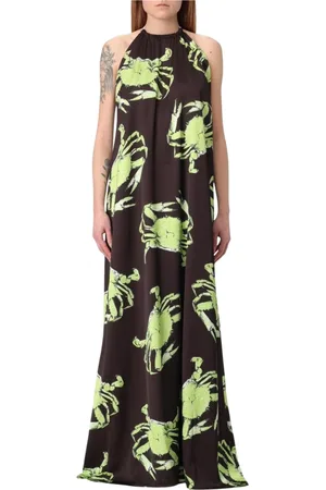 Msgm Kleedjes, Dames, Bruin, 2Xs, Bruine Zijden Maxi Jurk met Krab Print