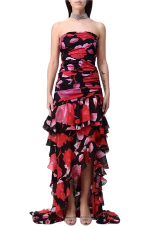 BLUMARINE Kleedjes, Dames, Veelkleurig, S, Chiffon, Zwarte Bloemen Ruffle Maxi Jurk