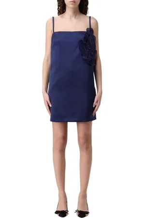 Elisabetta Franchi Kleedjes, Dames, Blauw, L, Satijn, Bloemenapplicatie Satijnen Jurk