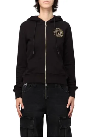 VERSACE Sweatshirts & Hoodies, Dames, Zwart, 2Xs, Katoen, Zwarte Zip Up Hoodie Sweatshirt