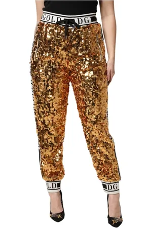 Dolce & Gabbana Broeken, Dames, Geel, M, Polyester, Metallic Logo Paillet Hoge Taille Joggers