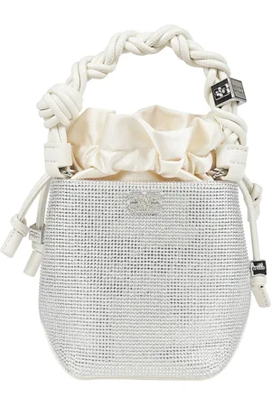 Ganni Tassen, Dames, Wit, ONE Size, Mini Strass Bucket Handtas met Trekkoordsluiting