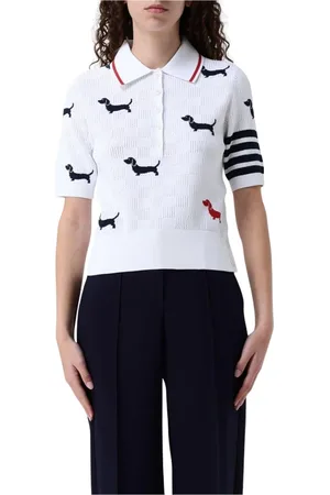 Thom Browne Tops, Dames, Wit, S, Gebreide Polo Shirt Teckel Stijl