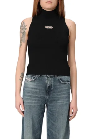 Diesel Tops, Dames, Zwart, M, Geribbelde Gebreide Mouwloze Top met Uitsnijding