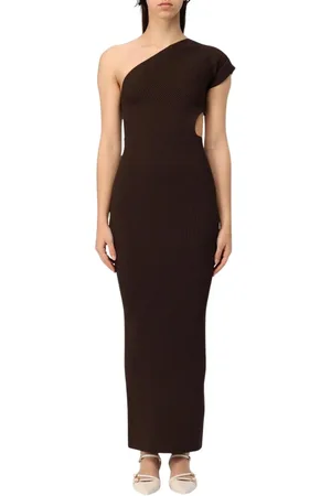 Max Mara Kleedjes, Dames, Bruin, S, Bruine Geribbelde One Shoulder Maxi Jurk