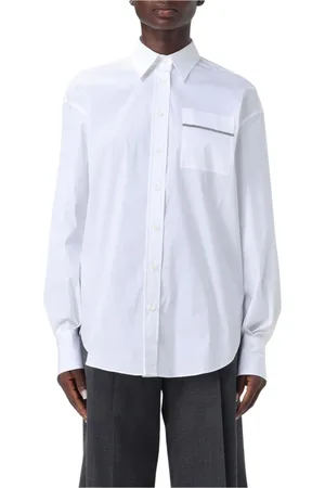 Brunello Cucinelli Blouses & Shirts, Dames, Wit, M, Katoen, Witte Poplin Overhemd, Elegante Stijl