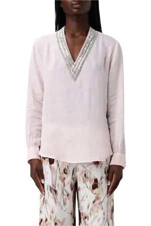 120% Lino Blouses & Shirts, Dames, Roze, L, Blush V-Neck Embellished Top