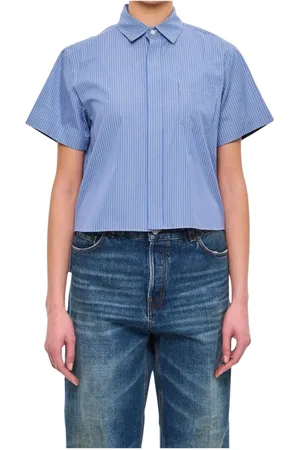 SACAI Blouses & Shirts, Dames, Blauw, L, Katoen, Gestreept Overhemd met Kraag in Wit