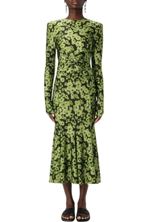 Serafini Kleedjes, Dames, Groen, S, Bruine Bloemen Midi Jurk