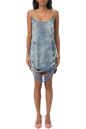 Diesel Kleedjes, Dames, Blauw, XS, Denim, Blauwe Denim Mini Jurk Met Raffelzoom