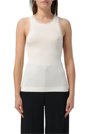 REMAIN Birger Christensen Tops, Dames, Wit, M, Geribbelde Gebreide Tanktop Transparante Halslijn