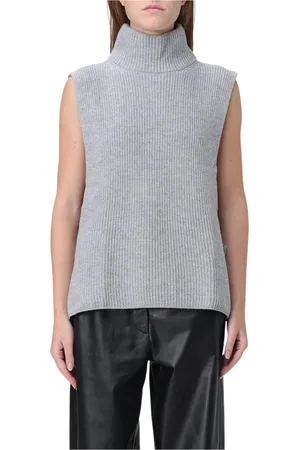 Max Mara Truien, Dames, Grijs, S, Kasjmier, Grijze Geribbelde Gebreide Mock Neck Vest